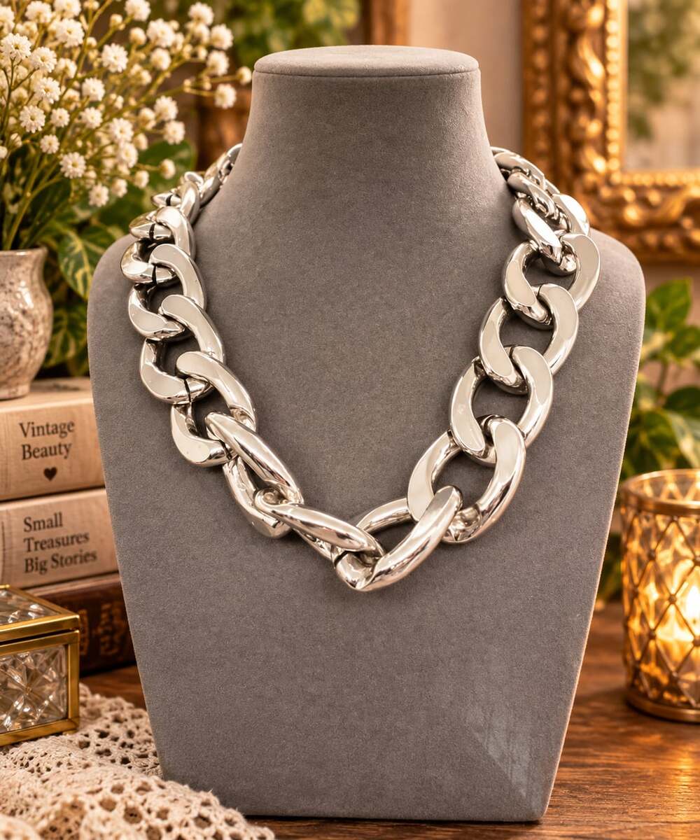 SET Chunky Silver Tone Curb Link Statement Necklace & Bracelet Retro 80’s Punk